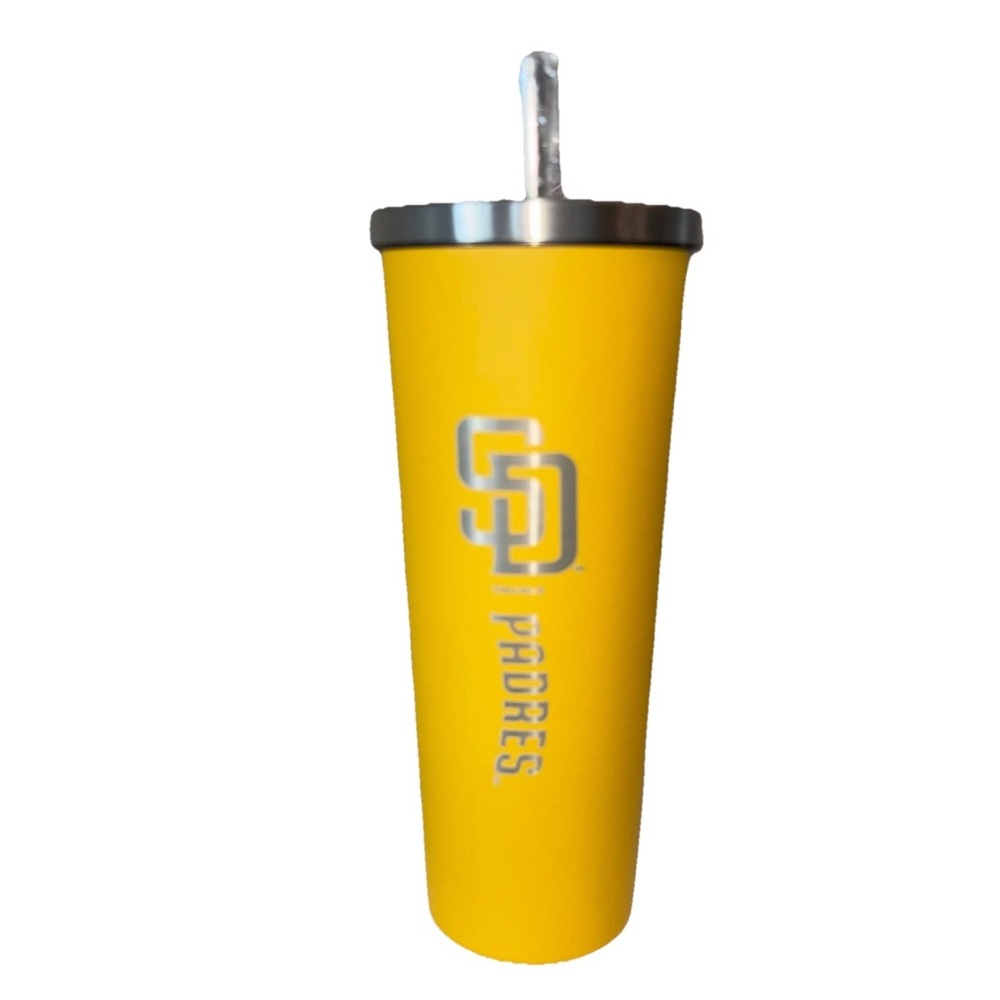 SD San Diego Padres Logo 24oz Tumbler with Metal Straw Lid Yellow Gray Brand New